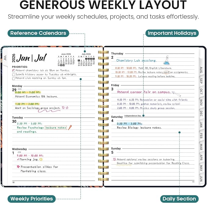 Planner 2026–2027, Academic Monthly Weekly Spiral Calendar, July 2026 – June - Image 3