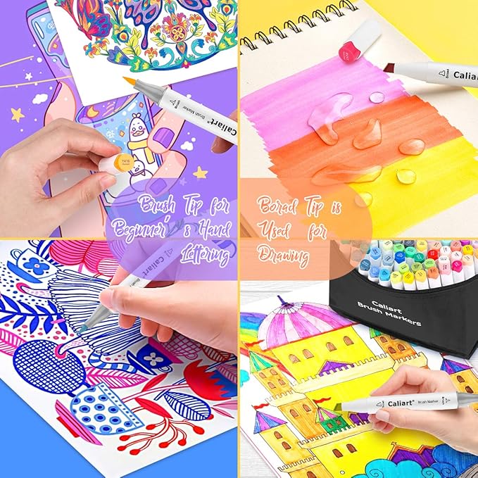 Caliart 168 Colors Brush & Chisel Alcohol Markers for Adult Coloring Book, Dual Tip Artist Sketch Art Markers, Aesthetic Cute Preppy Stuff School Supplies, Pens for Lettering Drawing Cards Planner-DeskLoop Office