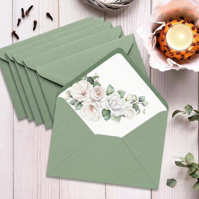 50 Pack 5 x 7 Inches Sage Green Envelopes Floral Pattern Invitation Envelopes - Image 3