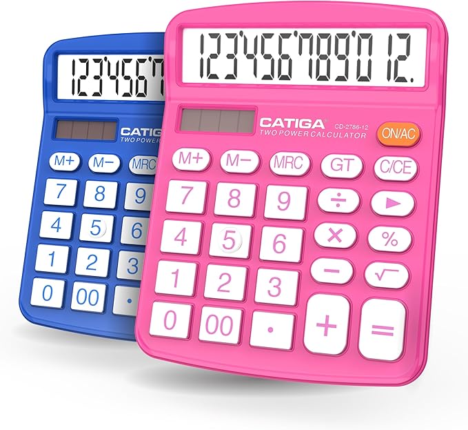 CATIGA Desktop Calculator (2 Pack) 12 Digit with Large LCD Display and Sensitive Button, Solar and Battery Dual Power, Standard Function for Office, Home, School, CD-2786 (Blue/Pink)-DeskLoop Office