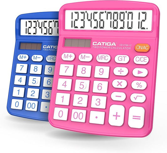 CATIGA Desktop Calculator (2 Pack) 12 Digit with Large LCD Display and Sensitive Button, Solar and Battery Dual Power, Standard Function for Office, Home, School, CD-2786 (Blue/Pink)-DeskLoop Office