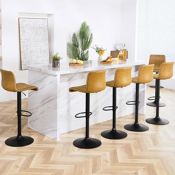 HeuGah Bar Stools Set of 6, Swivel Counter Height Barstools with Back, Adjustable Height 24" to 32", Whiskey Brown Faux Leather Bar Chairs for Kitchen Island (Whiskey Brown, Set of 6 (24'' to 32''))-DeskLoop Office