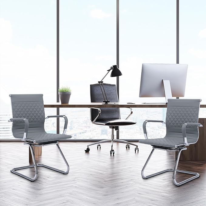 Office Guest Chairs - Set of 8 Mid Back, Modern PU Leather Desk Chairs for Reception & Conference Rooms, Grey-DeskLoop Office
