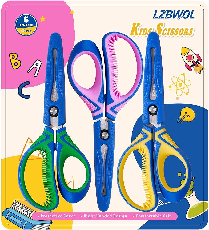 6" Kids Scissors Ages 5-8 School, Soft Comfort Grip, 3 Pack | by LZBWOL
