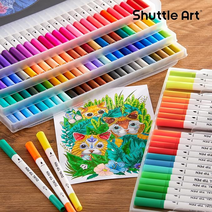 120 Colors Dual Tip Brush Marker Pens with 1 Coloring Book, Fineliner and Brush Dual Tip Markers Set, Water-based Ink Perfect for Kids Adult Artist Calligraphy Hand Lettering Journal Doodling Writing-DeskLoop Office