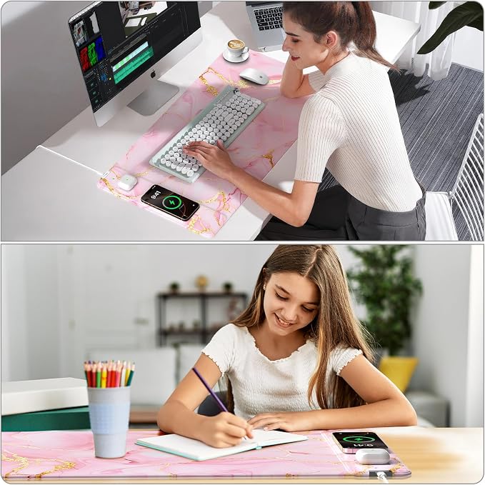 Pink Marble Mouse Pad with 15W Wireless Charging, 31.5"x15.8" Large Gaming Desk - Image 4