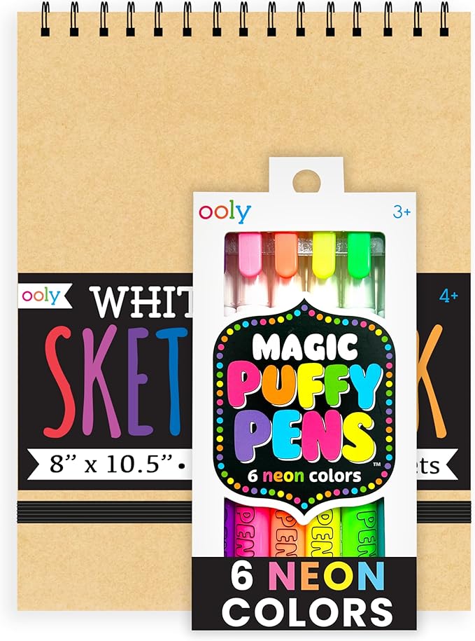 Ooly Puffy Paint Neon Gel Pens Set of 6 & Sketchbook Bundle, 3D Foam Texture Painting Magic Puffy Pen, Creative and Fun Pens for Kids Arts and Crafts Drawing Supplies-DeskLoop Office