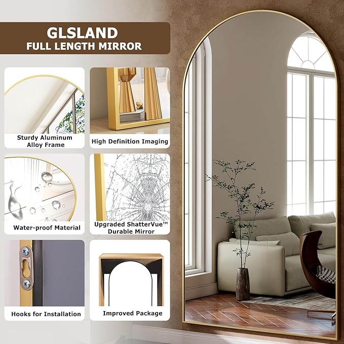 GLSLAND-38x77 inch Arched Full Length Mirror - Floor Mirrors Aluminum Alloy Frame Full Body Dressing Mirror for Bedroom Living Room,Gold-DeskLoop Office
