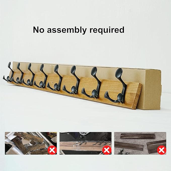 SKOLOO 43-Inch Light Brown Wood Coat Rack Wall Mount with 8 Triple Hooks - Ideal for Family Entrances, Classrooms, and Pet Supplies Storage - Perfect Coat Hooks for Wall-DeskLoop Office