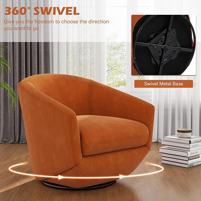 UIXE Velvet Swivel Accent Chairs Set of 2, Barrel Chair Upholstered Club Armchair for Living Room, Comfy Single Sofa Bedroom Side Reading Seat - Orange-DeskLoop Office