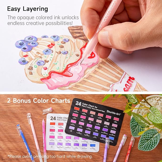 Shuttle Art Colored Pens, 24 Pink & Purple Tone Colors Cute Journal Pens 0.6mm - Image 4