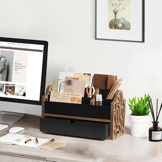 Desk Organizer with Drawer Wood File Office Mail Organizer Countertop-5 Slot - Image 2