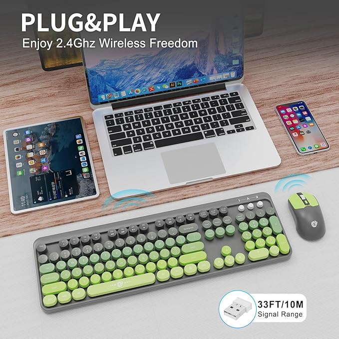 FOPETT Wireless Keyboard and Mouse Combo - 2.4G Full-Sized Cute Colorful Mouse and Keyboard with 104 Round Keys Retro Typewriter Keyboard for Laptop/Windows/PC - Green Gradient-DeskLoop Office