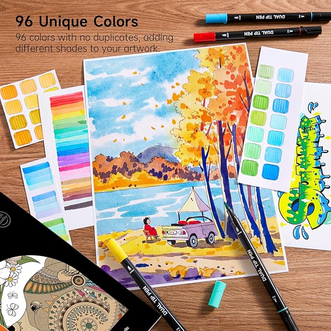 Shuttle Art Dual Tip Brush Pens, 96 Colours Fine and Brush Tip Markers Set with Pen Holder & 1 Colouring Book, Felt Tip Colouring Pens for Adults and Children Colouring Calligraphy Journal Doodling-DeskLoop Office