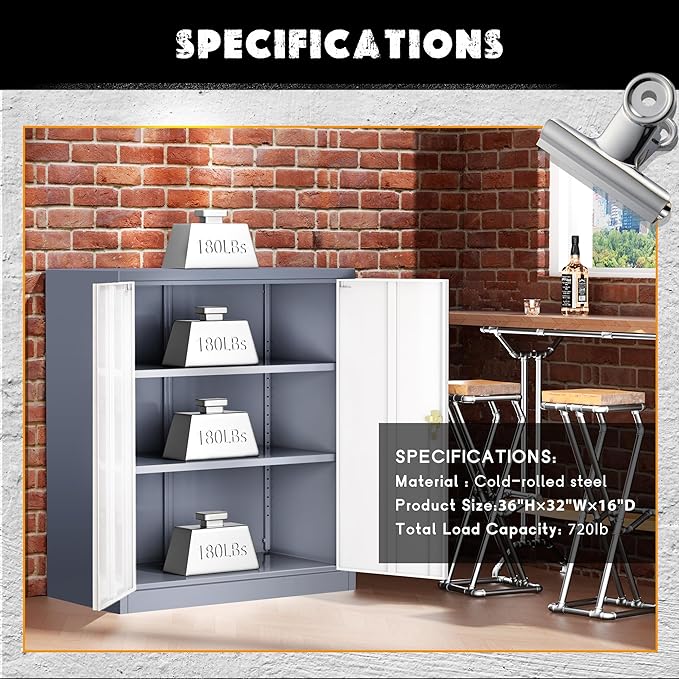 Greenvelly Metal Garage Storage Cabinet, Lockable Metal Cabinets with 2 Doors and Shelves,36”Steel Storage Locking Counter Cabinet for Office,Garage,Kitchen,Home,School(Grey White)-DeskLoop Office
