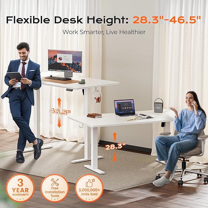 Huuger 63 x 28 Large Electric Standing Desk, Height Adjustable Computer Desk, 27.6" Deep Desktop, Stand up Gaming Office Table with 2 Hooks, 3 Preset Heights, for Home Office, White-DeskLoop Office