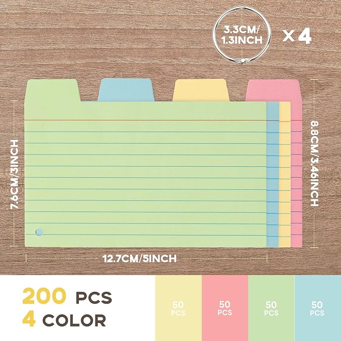Tabbed Index Cards with Ring 3 x 5, Goefun 200 Pack Color Flash Cards Dividers - Image 2