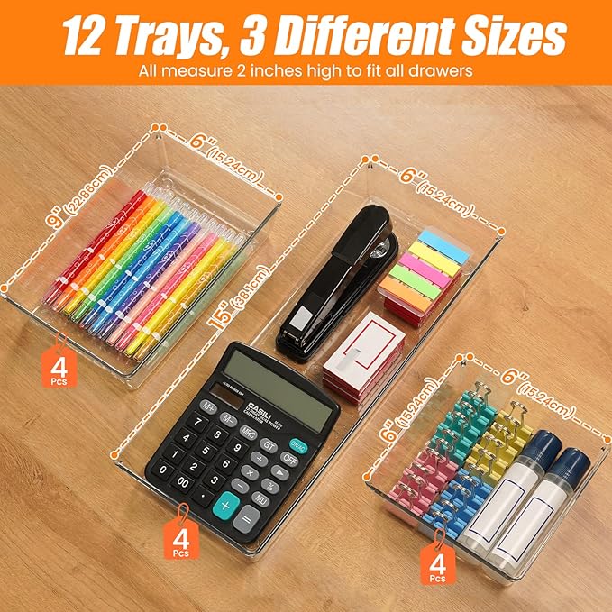 12 Pack Clear Plastic Drawer Organizer Set, Acrylic Non Slip Non Cracking Kitchen Drawer Storage Tray Large Size Divider, Multifunctional Storage for Cosmetics, Bathroom, Tools, Kitchen and Office-DeskLoop Office