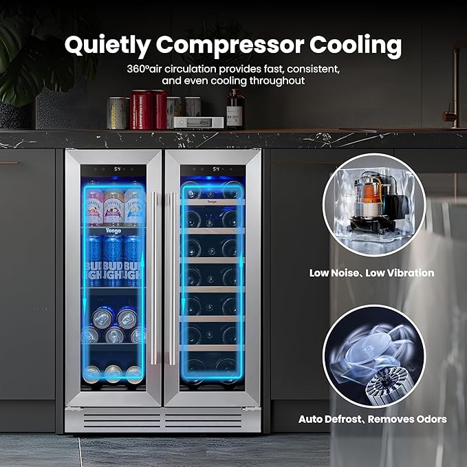 Yeego Wine & Beverage Refrigerator, 24 Inch 60 Cans and 20 Bottles Dual Zone Wine Cooler with Glass Door, 36-72°F Drink Cooler for Built-in or Freestanding, For Kitchen,Bar or Office-DeskLoop Office