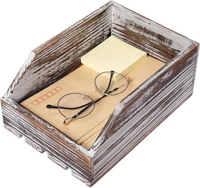 Torched Wood Paper Nesting Tray Stackable Document Storage Crate File Organizer - Image 2