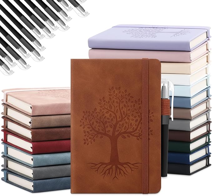Estune Tree Small Notebooks Pen Leather Lined Pocket Subject Notebooks Hardcover Pocket Notepad Cute Ruled Leather Journals with Pen Holder for Men Women School Business, A6(Retro Color,20 Set)-DeskLoop Office