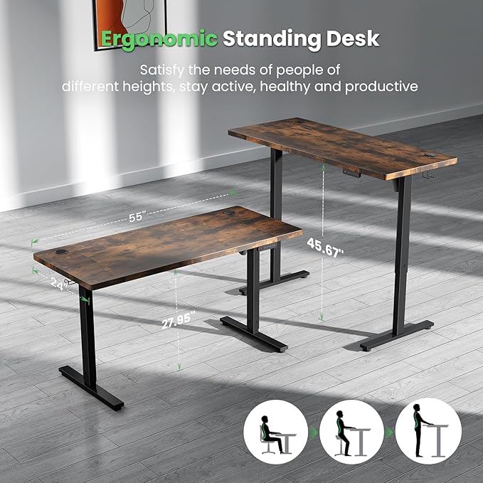 SIAGO Electric Standing Desk Adjustable - 55 x 24 Inch Sit Stand up Desk with Cable Management - 3 Memory Preset Adjustable Height Table-DeskLoop Office