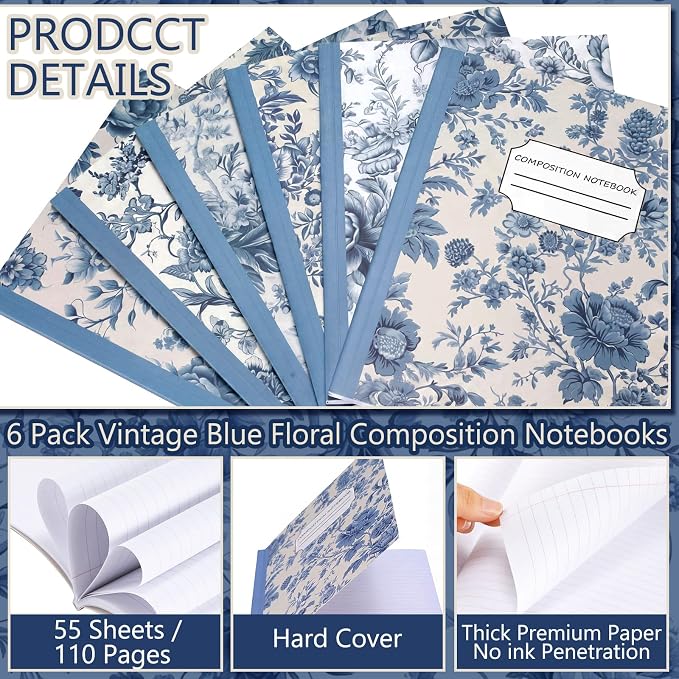 Harloon 6 Pack Composition Notebooks College Ruled Bulk Vintage Blue Flower - Image 5