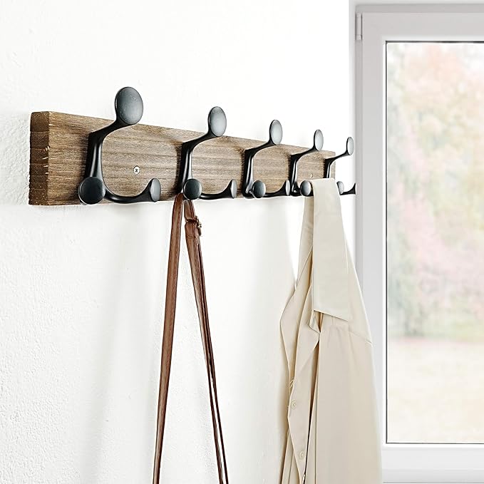 SKOLOO 24-Inch Wood Burnt Coat Rack Wall Mount with 5 Triple Hooks - Ideal for Family Entrances, Classrooms, and Pet Supplies Storage - Perfect Coat Hooks for Wall-DeskLoop Office