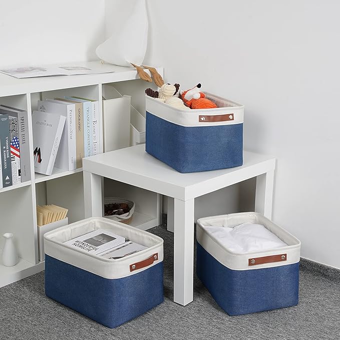 DULLEMELO Fabric Storage Bins, Foldable Storage Baskets for Organizing, Empty Gift Baskets (3-Pack Medium-15 inch X 11 inch X 9.5 inch , White&Blue)-DeskLoop Office