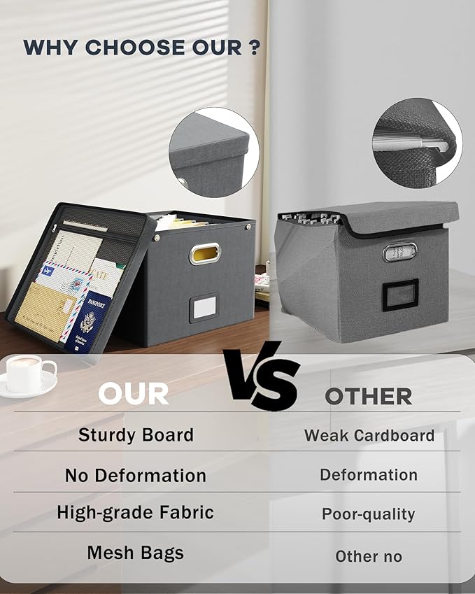 Oterri File Organizer Box with Lid,Large Hanging Filing Box with Mesh Pocket, Document Organizer for Letter Files, Portable Storage Case with Smooth Sliding Rail for Office&Home (1 PCS, Dark grey)-DeskLoop Office