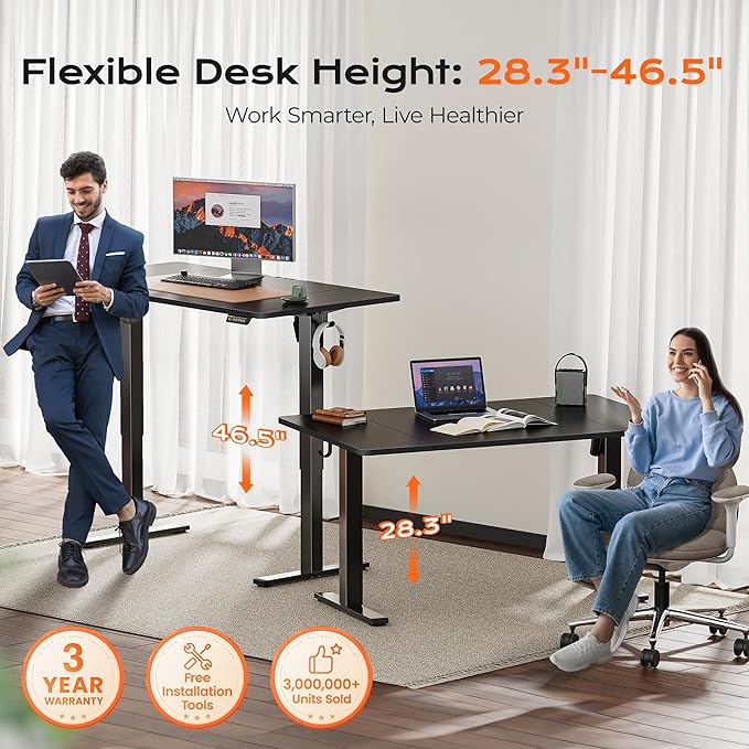 Huuger 55 x 28 Large Electric Standing Desk, Height Adjustable Computer Desk, 27.6" Deep Desktop, Stand up Gaming Office Table with 2 Hooks, 3 Preset Heights, for Home Office, Black-DeskLoop Office