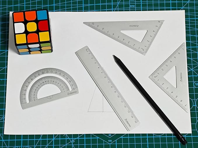 Geometry Ruler Set for Students, Metric Measurement 4-Piece Metal Math Drafting Kit with Non-Slip Design 15 cm Straightedge Ruler, 180° Protractor & 2 Triangles for School Kids (Silver)-DeskLoop Office