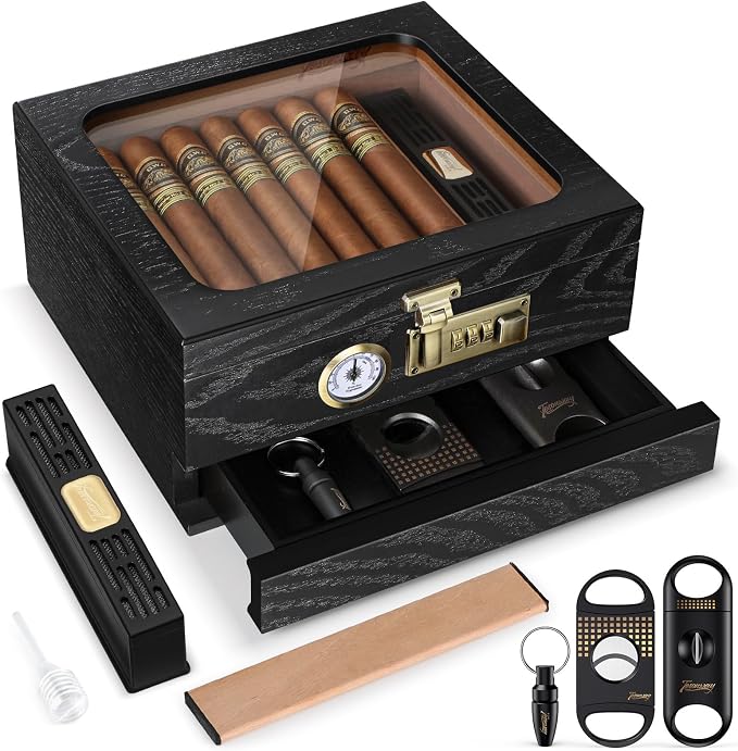 Tesonway Cigar Humidor, Cedar Wood Humidor Cigar Box, Glass Top Desktop Humidor by Tesonway