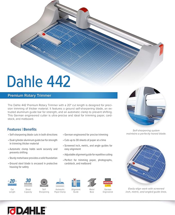 Dahle 442 Premium Rotary Trimmer, 20" Cut Length, 30 Sheet Capacity, Self-Sharpening, Automatic Clamp, German Engineered Paper Cutter-DeskLoop Office