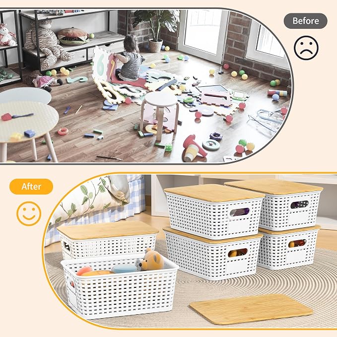 Plastic Storage Baskets with Bamboo Lids and Labels, Stackable Storage - Image 5
