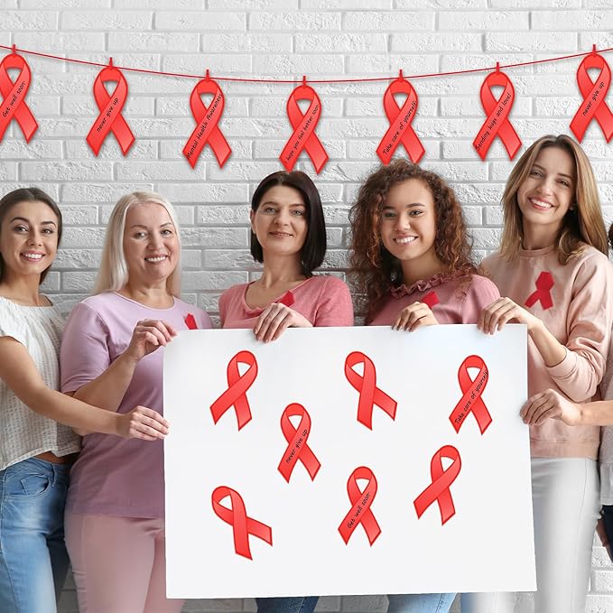 Kosiz 100 Pack Large Red Ribbon Awareness Set 100 Red Ribbon Week Cutouts Drug Free Heart Disease HIV Aids Awareness Items 2 Marker Pens 100 Wooden Clips with Rope for Public Charity Party Supplies-DeskLoop Office