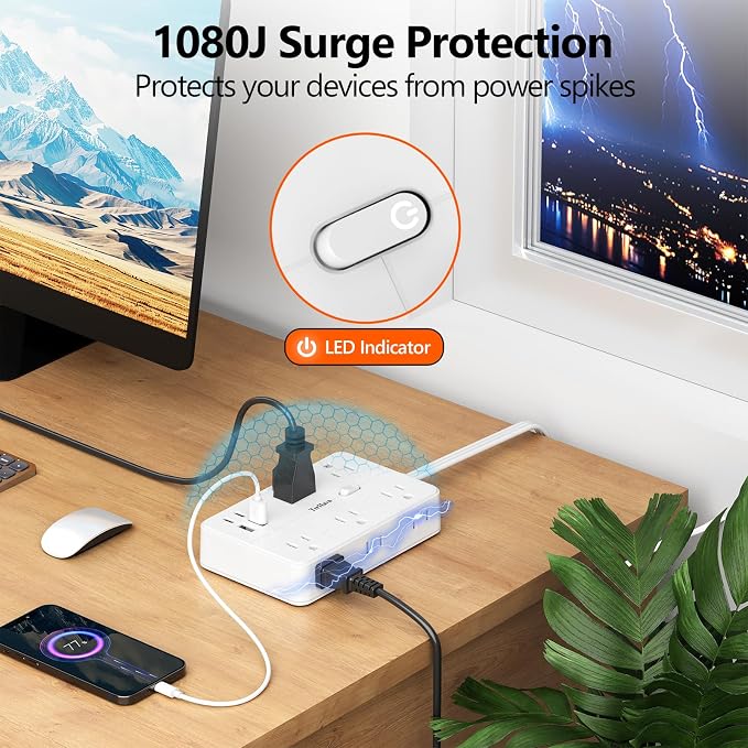 Surge Protector Power Strip 5 FT Flat Extension Cord ，10 AC Outlets & 4 USB - Image 4