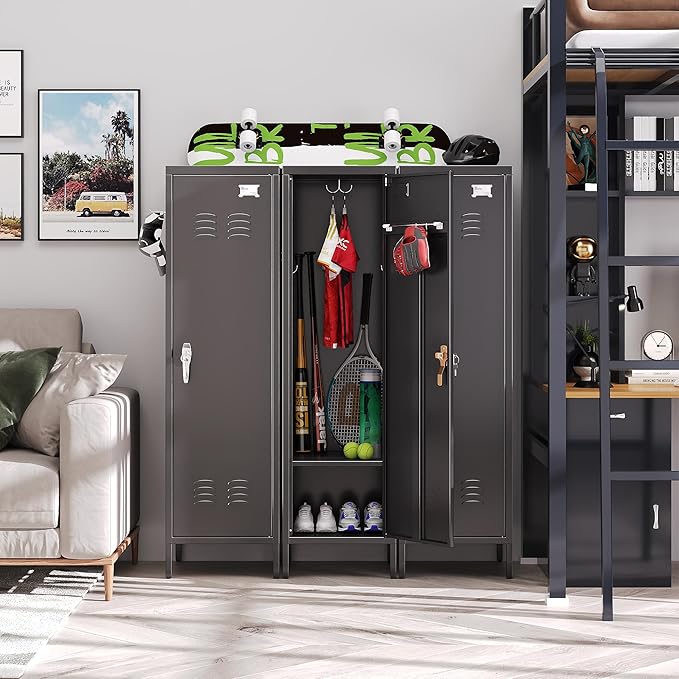 Aobabo Metal Storage Locker with Handle Lock, 54" H Steel Locker with Metal Hooks and Adjustable Shelf for School, Home, Office, Playroom, Assembly Required, Black-DeskLoop Office