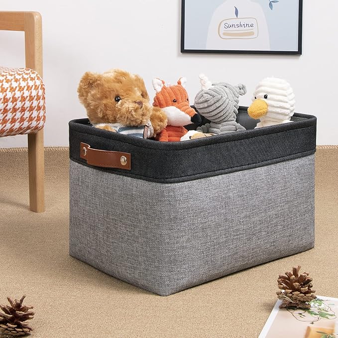 DULLEMELO Canvas Storage Bin with Handles, Fabric Bins for Shelves, Bedroom, Office,Nursery,Fabric Storage Baskets for Toys, Clothes,Gift(Black&Grey,15"x11"x9.5",4-Pack)-DeskLoop Office