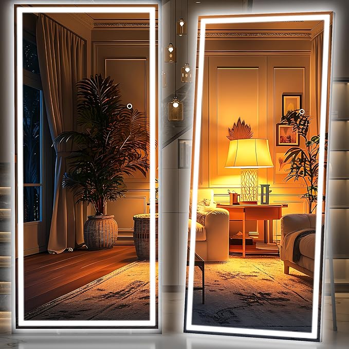 Hasipu Full Length LED Mirror with Lights, 83" x 36" Floor Standing or Hanging Mounted, Full Body Dressing Mirror, Dimmable Light, Tempered Glass, Square Black-DeskLoop Office