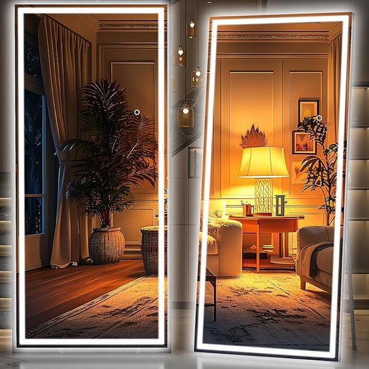 Hasipu Full Length LED Mirror with Lights, 83" x 36" Floor Standing or Hanging Mounted, Full Body Dressing Mirror, Dimmable Light, Tempered Glass, Square Black-DeskLoop Office
