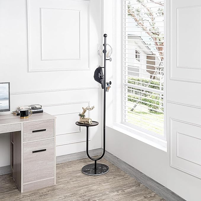 Coat Rack Stand, Metal Coat Tree with Bamboo Tray & 6 Hooks, Heavy Duty Marble Base Corner Coat Stand for Bedroom Hallway Entryway Living Room Office 13.78 x 13.78 x 68.11 Inches (Black)-DeskLoop Office