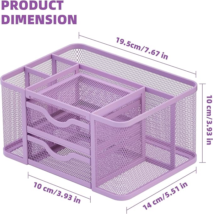 Marbrasse Mesh Desk Organizer, Pen Holder with 2 Drawer, Multi-Functional Pencil Holder, Desk Organizers and Accessories with 5 Compartments + Drawer for Office Art Supplies (Purple)-DeskLoop Office