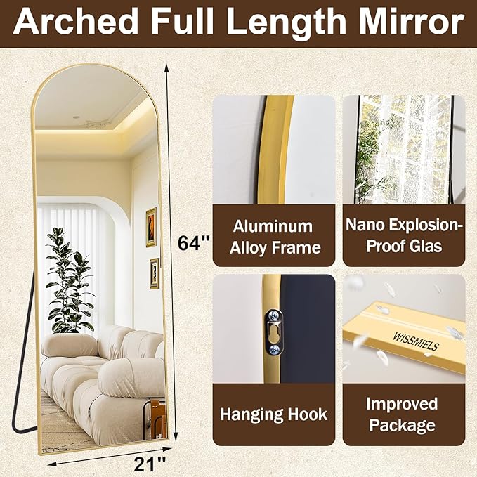 21" x 64"Arched Full Length Mirror - Wall Mounted Floor Mirror- Aluminum Alloy Frame Full Body Mirror for Bathroom Living Room Bedroom and Entryway Gold-DeskLoop Office