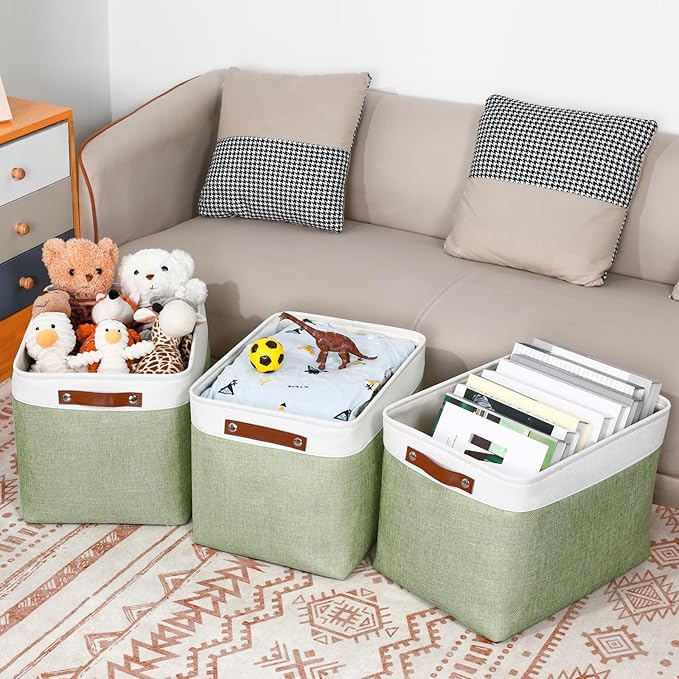DULLEMELO 16 inch Fabric Storage Basket, Decorative Storage Boxes with Leather Handle for Closet Shelf Nursery, Collapsible Linen Storage Bins for Organizing Toys Book Towel Organizers(White&Green)-DeskLoop Office