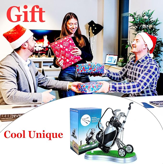 Golf Pen Holder with 3 Club Pens and Movable Golf Cart, Mini Golf Bag Desk Decor for Office, Funny Golf Gifts for Men, Dad, Boss - Stocking Stuffers for Golfers on Birthday, Christmas, Fathers Day-DeskLoop Office