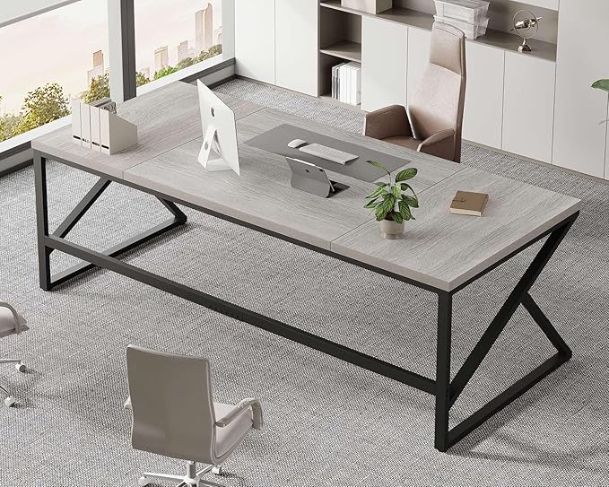 HSH 78 Inch Long Home Office Desk, Extra Large Grey Computer Desk for 2 Person, Industrial Wooden and Metal Executive Work Writing Study Gaming Desk Table, Modern Bedroom PC Laptop Desk Double Desk-DeskLoop Office