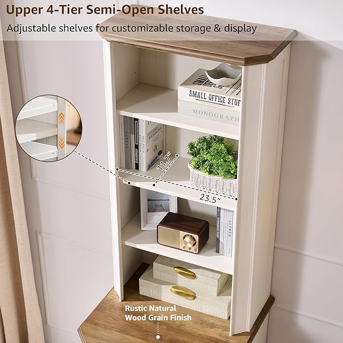 T4TREAM 6-Tier Bookcase with 2 File Drawers, 72" Tall Farmhouse Bookshelf with Storage & Adjustable Shelves, Wooden Floor Standing Display Book Shelf Organizer for Home Office, Antique White-DeskLoop Office