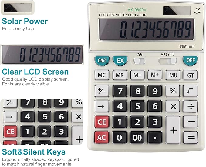 Large Computer Electronic Calculator Counter Solar & Battery Power 12 Digit Display Multi-Functional Big Button for Business Office School Calculating (HY-9800v)-DeskLoop Office