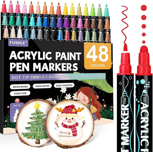 FUMILE 48 Colors Acrylic Paint Marker Dual Tip, Paint Pens Acrylic Markers by FUMILE